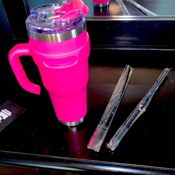 New! Neon pink Tumbler with handle (Double walled insulated tumbler) 40 oz - Picture 1 of 9